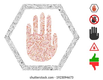 Mosaico de línea basado en el icono de la mano de abortar. La mano de aborto del vector mosaico se crea con puntos de escotilla aleatorizados. Se agregan iconos de bonificación.