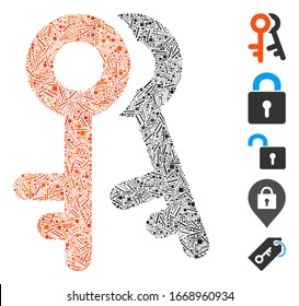 Line Mosaic based on access keys icon. Mosaic vector access keys is composed with scattered line dots. Bonus icons are added.