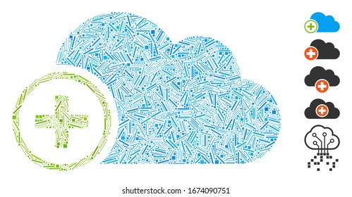 Line Mosaic based on add cloud icon. Mosaic vector add cloud is created with random line spots. Bonus icons are added.
