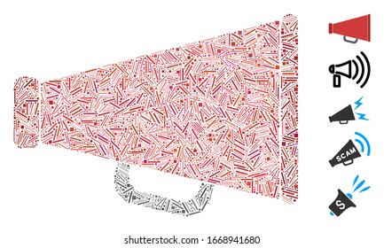 Line Mosaic based on advertising megaphone icon. Mosaic vector advertising megaphone is composed with randomized line dots. Bonus icons are added.