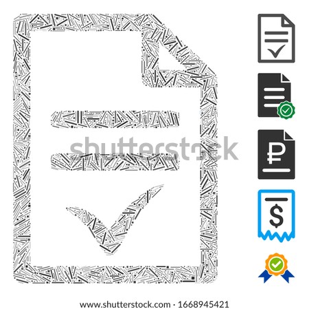 Line Mosaic based on agreement document icon. Mosaic vector agreement document is composed with scattered line spots. Bonus icons are added.