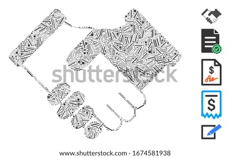 Line Mosaic based on agreement icon. Mosaic vector agreement is composed with scattered line spots. Bonus icons are added.