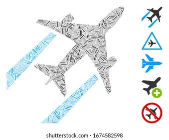 Line Mosaic based on air jet trace icon. Mosaic vector air jet trace is created with randomized line items. Bonus icons are added.