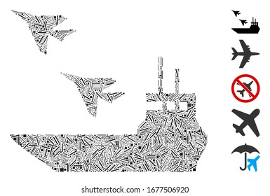 Mosaico de línea basado en el icono del portaaviones. El portaaviones vectorial mosaico se crea con puntos de línea aleatorios. Se agregan iconos de bonificación.