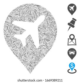 Line Mosaic based on airplane marker icon. Mosaic vector airplane marker is formed with randomized line dots. Bonus icons are added.