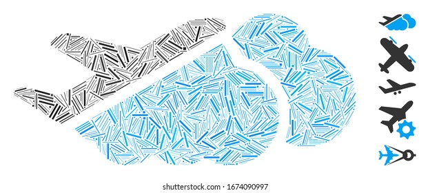 Line Mosaic based on airplane over clouds icon. Mosaic vector airplane over clouds is formed with scattered line dots. Bonus icons are added.