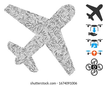 Linie Mosaik basierend auf dem Flugzeugsymbol. Mosaikflugzeuge der Vektorillustration werden mit randomisierten Streckenpunkten gebildet. Bonussymbole werden hinzugefügt.