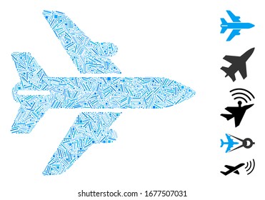 Line Mosaic based on airplane icon. Mosaic vector airplane is formed with randomized line elements. Bonus icons are added.
