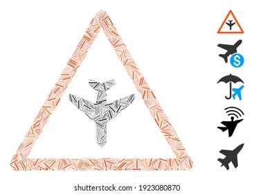 Mosaico de línea basado en el icono de advertencia del avión. La advertencia del avión vector mosaico se compone de puntos de línea aleatorizados. Se agregan iconos de bonificación.