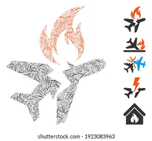 Line Mosaic based on airplane fire crash icon. Mosaic vector airplane fire crash is created with scattered line items. Bonus icons are added.
