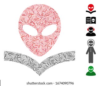 Line Mosaic based on alien knowledge book icon. Mosaic vector alien knowledge book is created with randomized line items. Bonus icons are added.