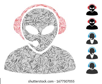 Line Mosaic based on alien call center icon. Mosaic vector alien call center is created with scattered line spots. Bonus icons are added.