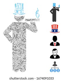 Line Mosaic based on American capitalist icon. Mosaic vector American capitalist is composed with randomized line items. Bonus icons are added.