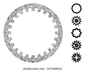 Line Mosaic based on annular gear icon. Mosaic vector annular gear is created with random hatch spots. Bonus icons are added.