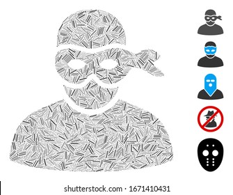 Line Mosaic based on anonimious thief icon. Mosaic vector anonimious thief is composed with randomized line items. Bonus icons are added.