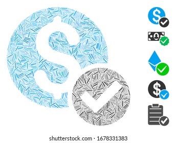Mosaico de línea basado en el icono de pago aprobado. El pago aprobado por vector mosaico se crea con elementos de línea aleatoria. Se agregan iconos de bonificación.