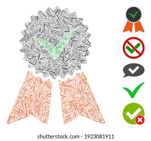 Mosaico de línea basado en el icono de sello de aprobación. El sello de aprobación del vector mosaico está diseñado con puntos de línea aleatorizados. Se agregan iconos de bonificación.