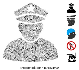 Line Mosaic based on army sergeant icon. Mosaic vector army sergeant is designed with scattered line dots. Bonus icons are added.