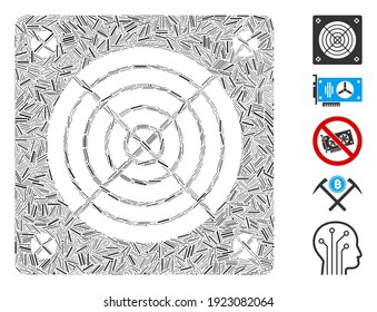 Line Mosaic based on ASIC miner hardware icon. Mosaic vector ASIC miner hardware is created with scattered line elements. Bonus icons are added.