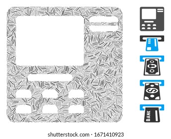Line Mosaic based on ATM device icon. Mosaic vector ATM device is composed with randomized line elements. Bonus icons are added.