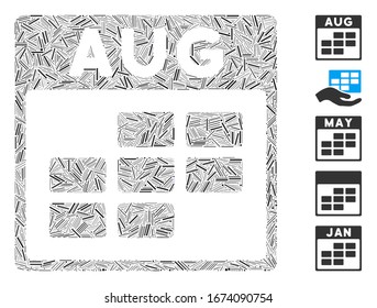 Line Mosaic basierend auf dem Kalenderraster im August Symbol. Mosaik Vektorillustration August Kalenderraster besteht aus verstreuten Zeilenpunkten. Bonussymbole werden hinzugefügt.