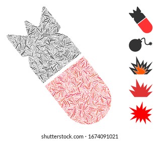 Mosaico de línea basado en el icono de la bomba de aviación. Bomba de aviación vector mosaico se forma con puntos de línea dispersos. Se agregan iconos de bonificación.