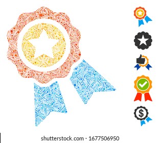 Line Mosaic based on award badge icon. Mosaic vector award badge is composed with randomized line items. Bonus icons are added.