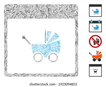 Line Mosaic based on baby carriage calendar page icon. Mosaic vector baby carriage calendar page is designed with random line dots. Bonus icons are added.