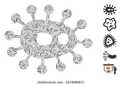 Line Mosaic based on bacilla icon. Mosaic vector bacilla is created with random line spots. Bonus icons are added.