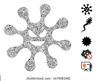Line Mosaic based on bacteria icon. Mosaic vector bacteria is composed with random line items. Bonus icons are added.