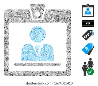 Line Mosaic based on badge icon. Mosaic vector badge is composed with randomized dash dots. Bonus icons are added.