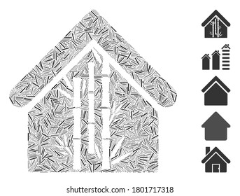 Mosaico de línea basado en el icono de la casa de bambú. La casa de bambú vectorial mosaico se forma con manchas de línea al azar. Se agregan iconos de bonificación.