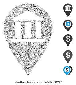 Line Mosaic based on bank building pin icon. Mosaic vector bank building pin is created with scattered line dots. Bonus icons are added.