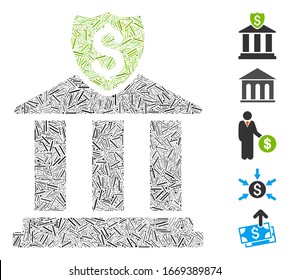 Line Mosaic based on bank icon. Mosaic vector bank is created with scattered line items. Bonus icons are added.