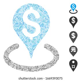 Line Mosaic based on bank location icon. Mosaic vector bank location is formed with randomized line dots. Bonus icons are added.