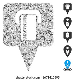 Line Mosaic based on bank terminal map pointer icon. Mosaic vector bank terminal map pointer is composed with random line elements. Bonus icons are added.