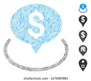 Line Mosaic based on bank location icon. Mosaic vector bank location is formed with random line dots. Bonus icons are added.
