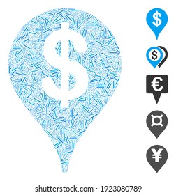 Line Mosaic based on bank map marker icon. Mosaic vector bank map marker is designed with randomized line spots. Bonus icons are added.