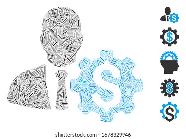 Line Mosaic based on banker options gear icon. Mosaic vector banker options gear is formed with randomized line spots. Bonus icons are added.