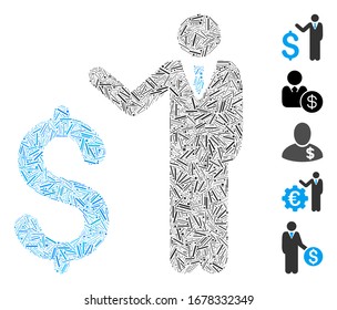 Mosaico de línea basado en el icono del banquero. El banquero vectorial mosaico se forma con elementos de línea aleatoria. Se agregan iconos de bonificación.
