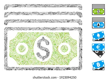 Line Mosaic based on banknotes icon. Mosaic vector banknotes is created with randomized line elements. Bonus icons are added.