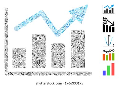 Line Mosaic based on bar chart trend icon. Mosaic vector bar chart trend is formed with scattered line elements. Bonus icons are added.