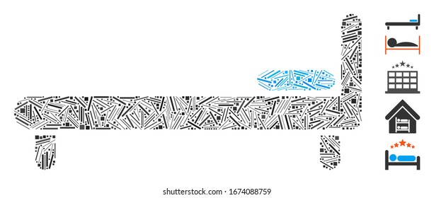 Linie Mosaik basierend auf dem Mosaikbild des Bettes. Das Mosaik-Vektorillustration-Bett besteht aus verstreuten Strichpunkten. Bonussymbole werden hinzugefügt.