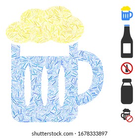 Linie Mosaik auf der Grundlage von Bierglas Symbol. Das Mosaik Vektorillustration Bierglas besteht aus zufälligen Linienelementen. Bonussymbole werden hinzugefügt.