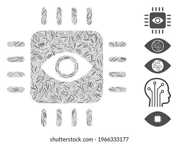 Line Mosaic based on bionic eye processor icon. Mosaic vector bionic eye processor is designed with randomized line spots. Bonus icons are added.
