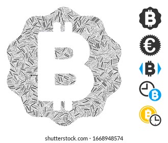Mosaico de línea basado en icono de medalla de Bitcoin. Vector mosaico La moneda de medalla de Bitcoin se crea con puntos de línea aleatorizados. Se agregan iconos de bonificación.