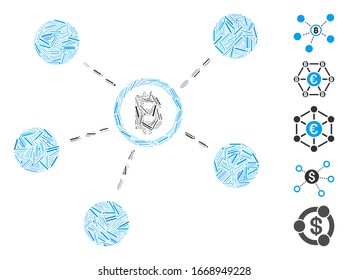 Line Mosaic based on Bitcoin network icon. Mosaic vector Bitcoin network is created with random line items. Bonus icons are added.