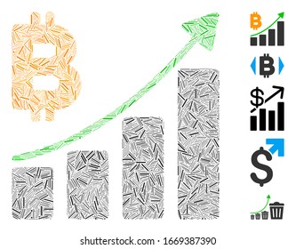 Line Mosaic based on Bitcoin growth trend icon. Mosaic vector Bitcoin growth trend is formed with randomized line spots. Bonus icons are added.
