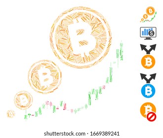 Line Mosaic based on Bitcoin inflation chart icon. Mosaic vector Bitcoin inflation chart is formed with scattered hatch elements. Bonus icons are added.