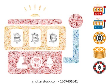 Line Mosaic based on Bitcoin gambling machine icon. Mosaic vector Bitcoin gambling machine is created with scattered line elements. Bonus icons are added.
